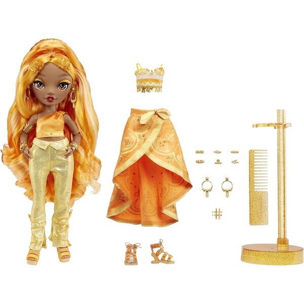 Rainbow High Meena Fleur - Bambola Moda Safran Oro con 2 Outfit e Accessori
