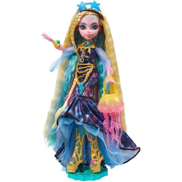 Blaue Monster High Lagoona-Puppe mit lockigem Haar und stilvollen Accessoires für Mädchen ab 4 Jahren