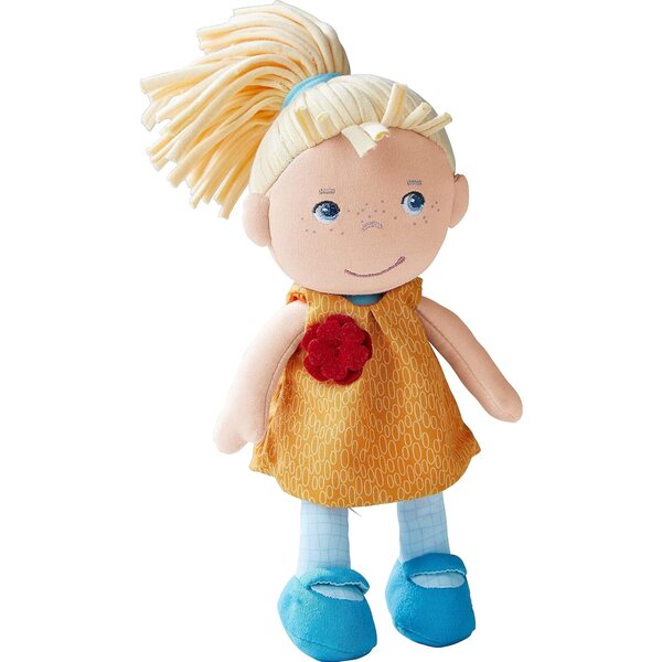 HABA Puppe Joleen - Morbida Stoffpuppe per Bambini da 6 Mesi con Vestito Giallo
