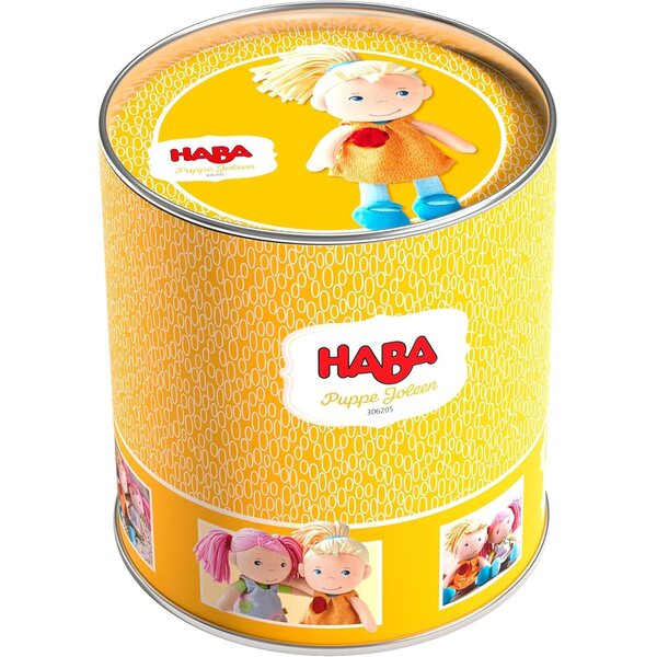 HABA Puppe Joleen - Morbida Stoffpuppe per Bambini da 6 Mesi con Vestito Giallo