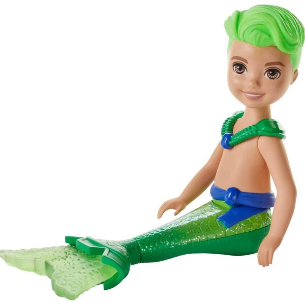 Barbie Dreamtopia Chelsea Merboy Puppe in leuchtendem Grün mit glitzernden Haaren und Schwanz