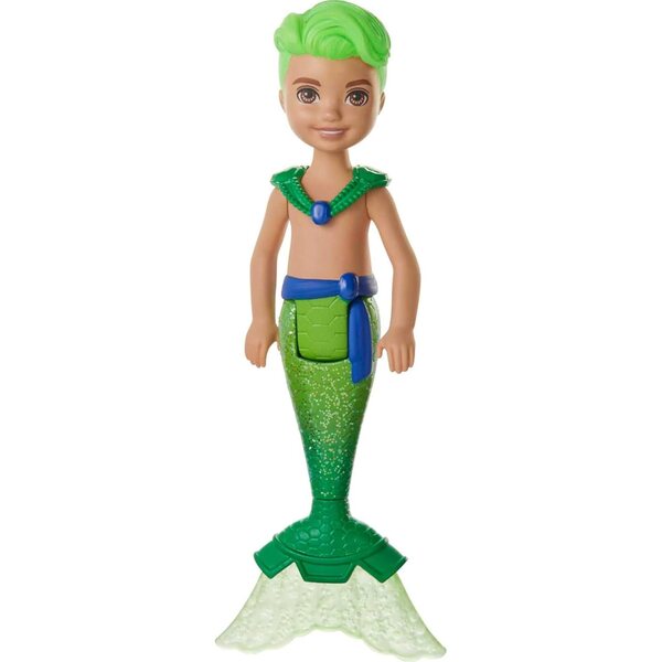 Barbie Dreamtopia Chelsea Merboy Puppe in leuchtendem Grün mit glitzernden Haaren und Schwanz