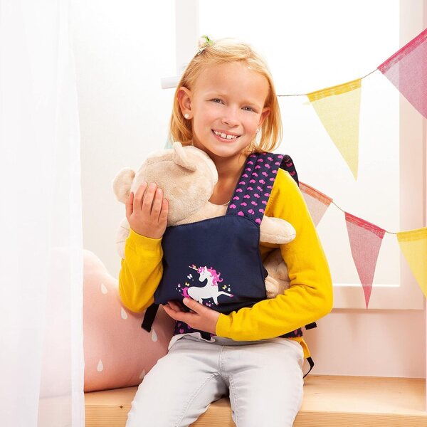 Bamboletrage EasyCarry blu con unicornio per bambole fino a 46 cm, regolabile e comoda