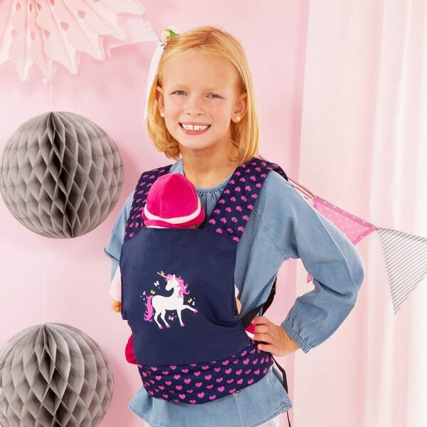 Bamboletrage EasyCarry blu con unicornio per bambole fino a 46 cm, regolabile e comoda