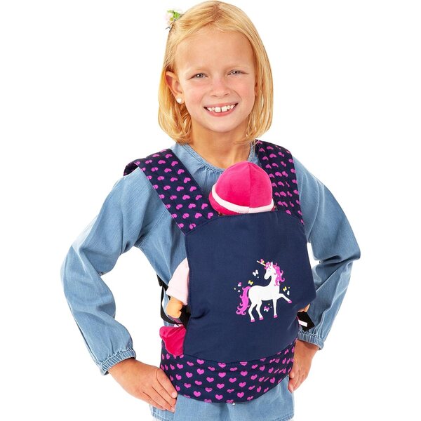 Bamboletrage EasyCarry blu con unicornio per bambole fino a 46 cm, regolabile e comoda