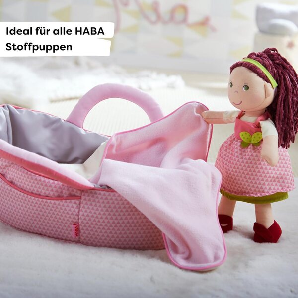 HABA Bamboletragetasche Rosarot 2-in-1 per bambole bebè & bambole di stoffa, gioco creativo 18m+