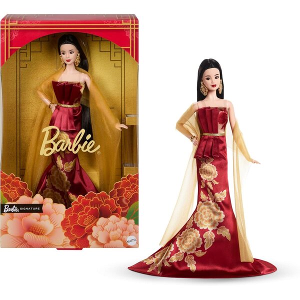 Barbie Signature Lunar Anus Rotes Kleid mit goldenem Pfingstrosenmuster, Sammlerstück