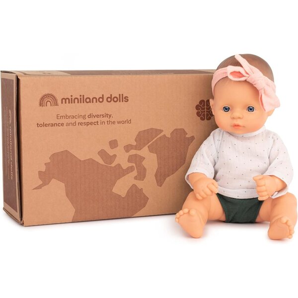 Miniland 32 cm große europäische Mädchenpuppe mit Kleid und Zubehör – Lernspiel