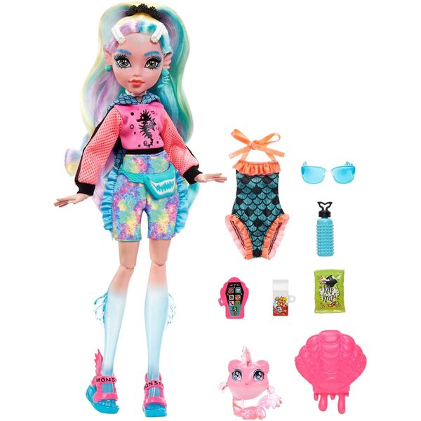 Pupazzo Monster High Lagoona Blue con Outfit Pink e Accessori per Bambini da 4 Anni