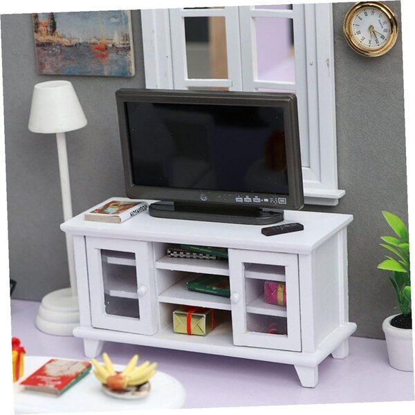 Meuble TV miniature blanc en bois et plastique, décoration élégante pour mini maison