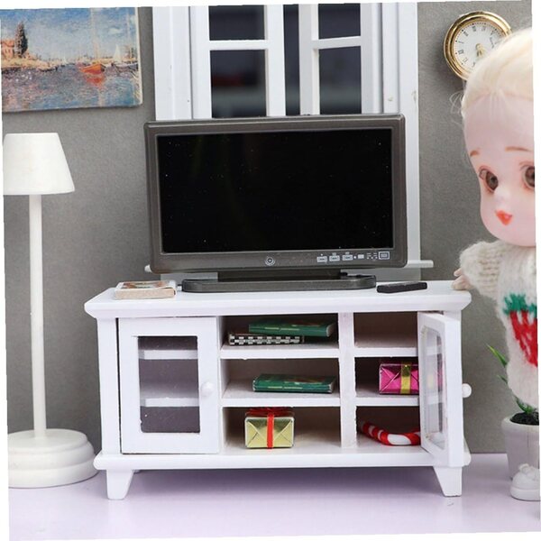 Meuble TV miniature blanc en bois et plastique, décoration élégante pour mini maison
