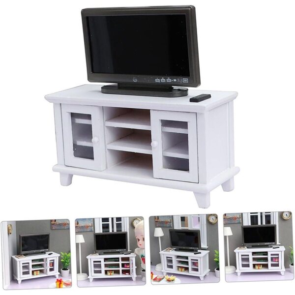 Meuble TV miniature blanc en bois et plastique, décoration élégante pour mini maison