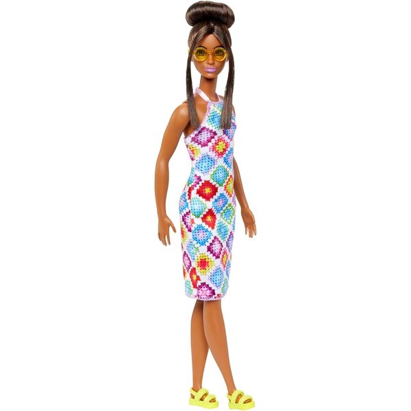 Barbie Fashionistas 210: Babe mit Dutt-Glamour, Midikleid-Kleid und trendigen Accessoires
