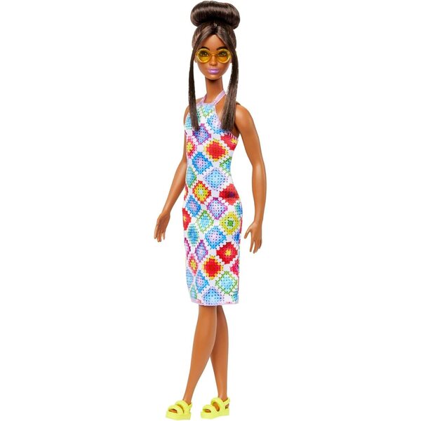 Barbie Fashionistas 210: Babe mit Dutt-Glamour, Midikleid-Kleid und trendigen Accessoires