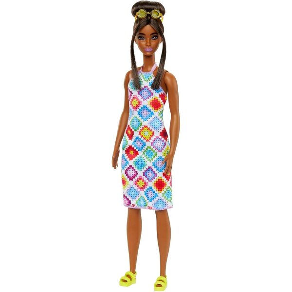 Barbie Fashionistas 210: Babe mit Dutt-Glamour, Midikleid-Kleid und trendigen Accessoires