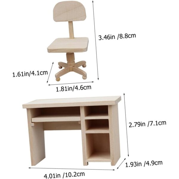 WOONEKY Mini-Schreibtisch- und Stuhl-Set aus Holz für Puppenhaus, Miniatur-Dekoration