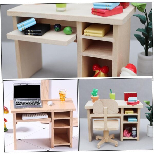 WOONEKY Mini-Schreibtisch- und Stuhl-Set aus Holz für Puppenhaus, Miniatur-Dekoration