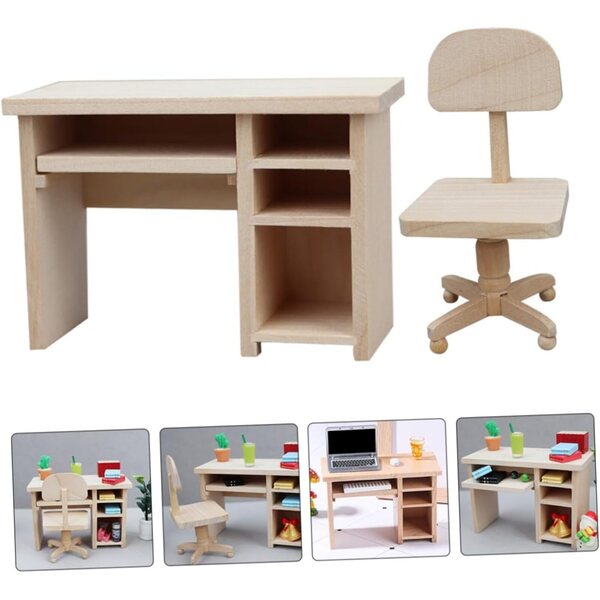 WOONEKY Mini-Schreibtisch- und Stuhl-Set aus Holz für Puppenhaus, Miniatur-Dekoration