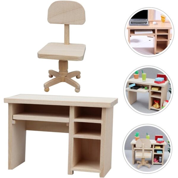 WOONEKY Mini-Schreibtisch- und Stuhl-Set aus Holz für Puppenhaus, Miniatur-Dekoration