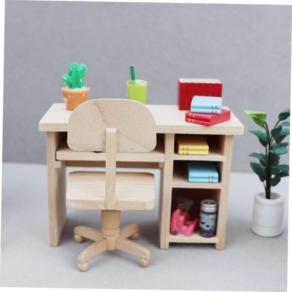 WOONEKY Mini-Schreibtisch- und Stuhl-Set aus Holz für Puppenhaus, Miniatur-Dekoration