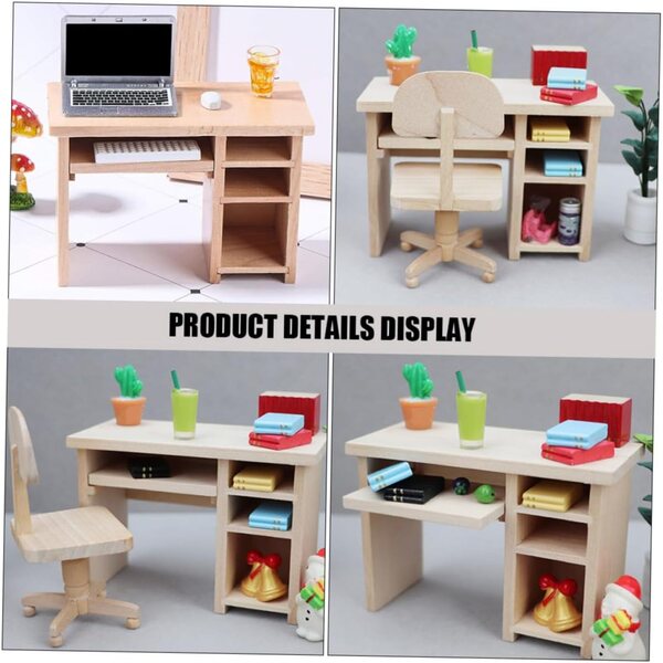 WOONEKY Mini-Schreibtisch- und Stuhl-Set aus Holz für Puppenhaus, Miniatur-Dekoration