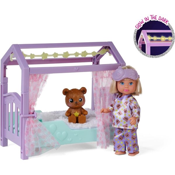Simba Evi Love Teddy Bed: bambola con pigiama, maschera notte e letto glow 12cm