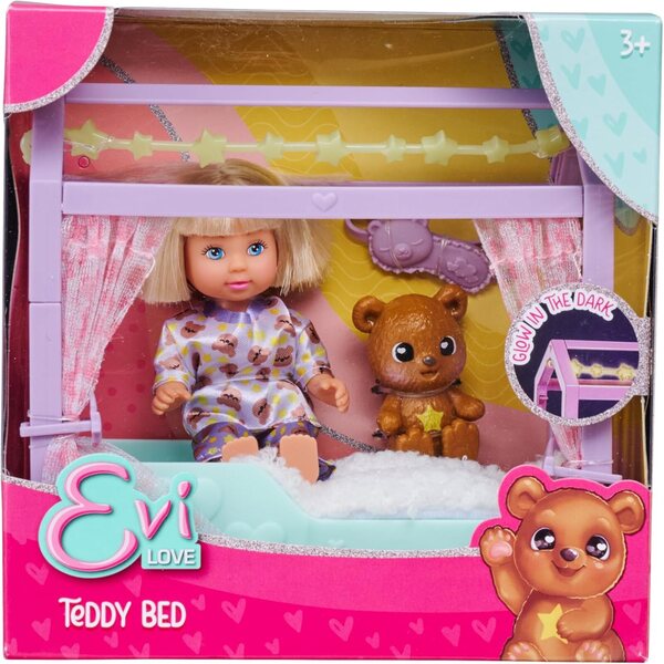 Simba Evi Love Teddy Bed: bambola con pigiama, maschera notte e letto glow 12cm