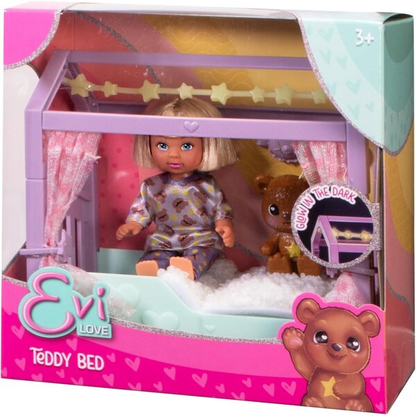 Simba Evi Love Teddy Bed: bambola con pigiama, maschera notte e letto glow 12cm