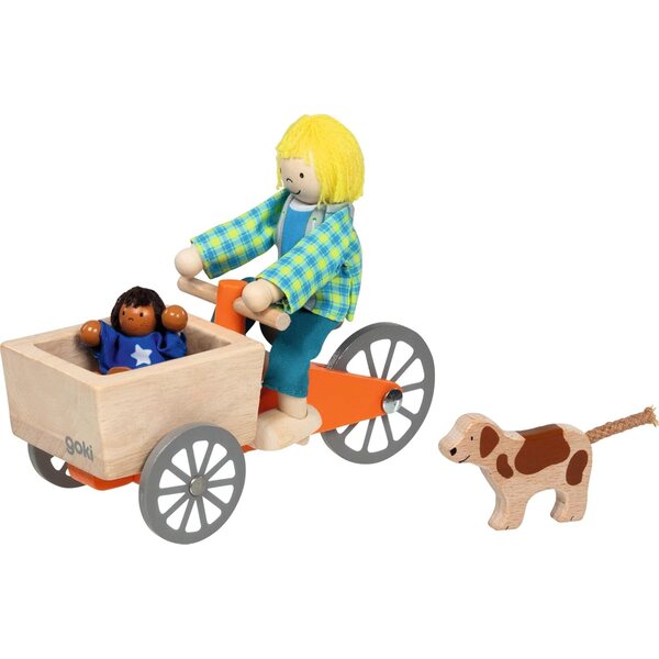 goki Lastenfahrrad mit 2 Biegedolls und Hund aus Naturholz, Set à 4 Stück