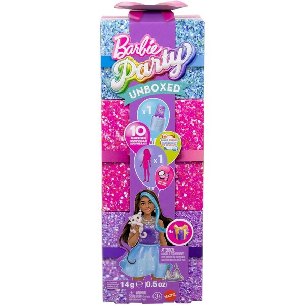 Barbie Party Unboxed Glam Party mit 10 Überraschungen und lila Glitzerpuppe