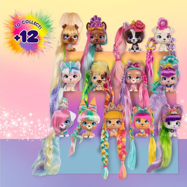 VIP Pets Color Boost cagnolino con 30 cm capelli lunghi da pettinare, 9 accessori e pastelli colorati