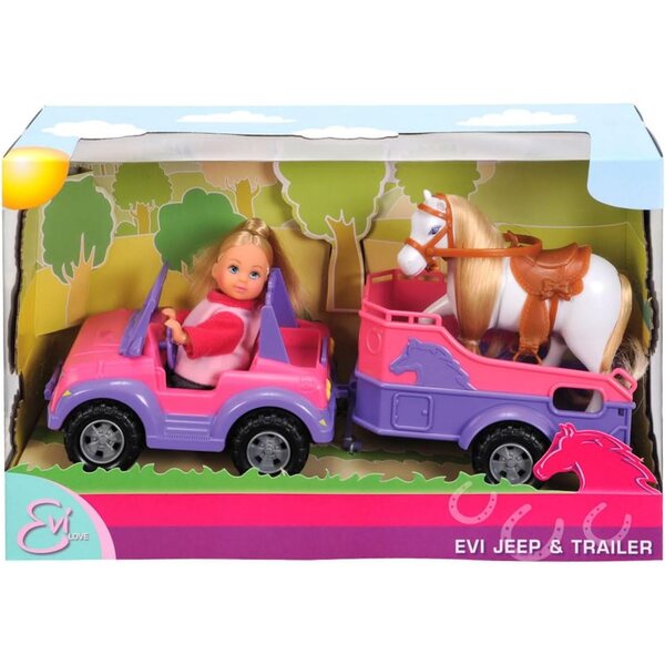 Simba Evi Love Pferdeanhänger mit rosa Jeep und Pony, Spielzeug für Kinder ab 3 Jahren