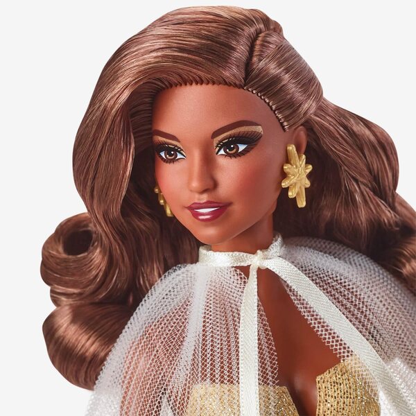 Barbie Signature 35. Jubiläum 2023 mit goldenem Kleid und dunkelbraunen Haaren