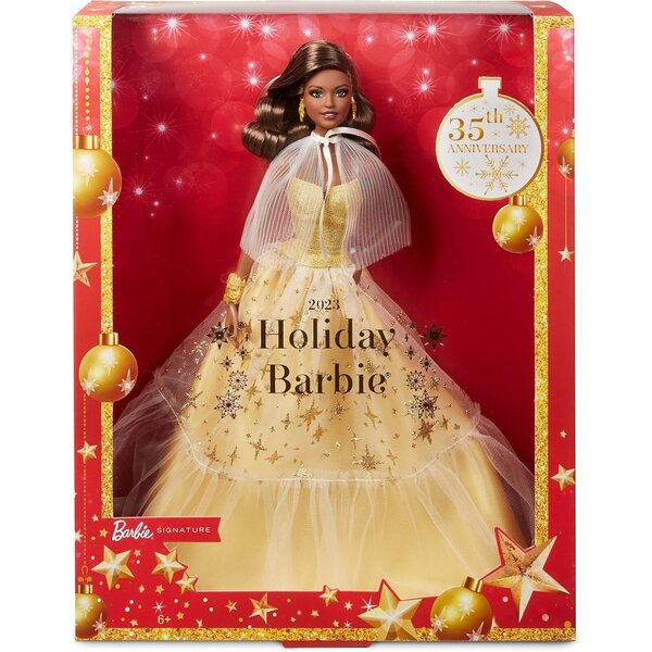 Barbie Signature 35. Jubiläum 2023 mit goldenem Kleid und dunkelbraunen Haaren