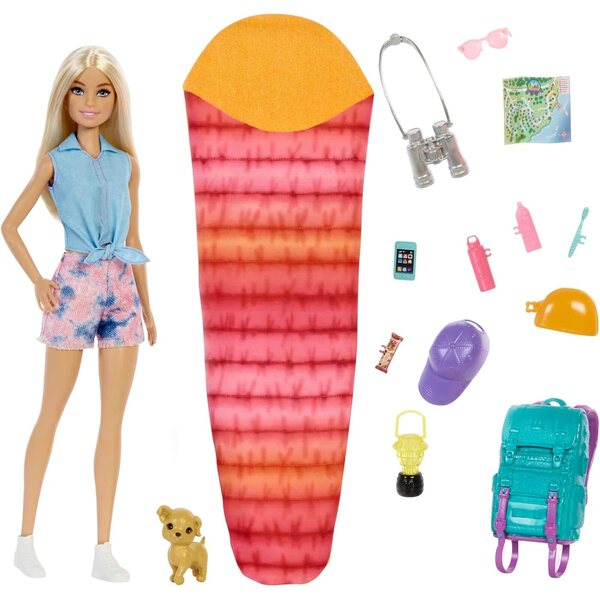 Barbie Camping-Serie mit Zubehör für Outdoor-Abenteuer, inklusive Welpen und Welpen