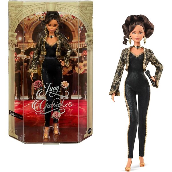 Barbie Juan Gabriel in eleganter schwarz-goldener Jacke mit goldenen Accessoires