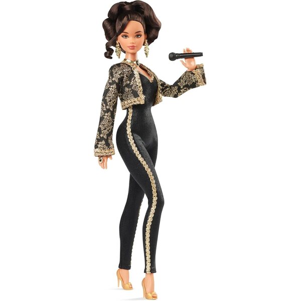 Barbie Juan Gabriel in eleganter schwarz-goldener Jacke mit goldenen Accessoires