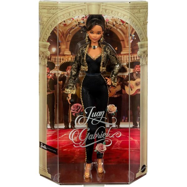 Barbie Juan Gabriel in eleganter schwarz-goldener Jacke mit goldenen Accessoires