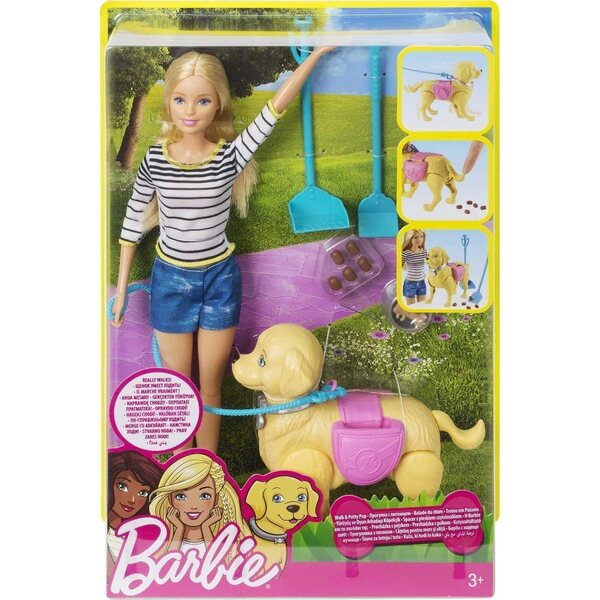 Barbie con cane cammina e insegna pulizia con accessori per bambini 3+ anni