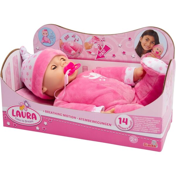Simba Laura bambola del sonno 38 cm - bambolina con movimenti respiratori, occhi addormentati, 14 suoni