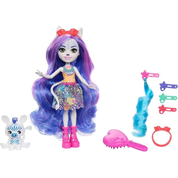 Enchantimals Zemirah Zebra Deluxe Haarpuppe mit 5 Zubehörteilen und körnigem Freund – Spiel für Kinder ab 4 Jahren