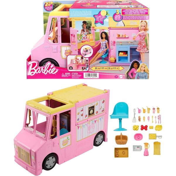 Barbie Limonadenmobil-Spiel für Kinder mit 25 Zubehörteilen und Erfrischungsbereich, ab 3 Jahren