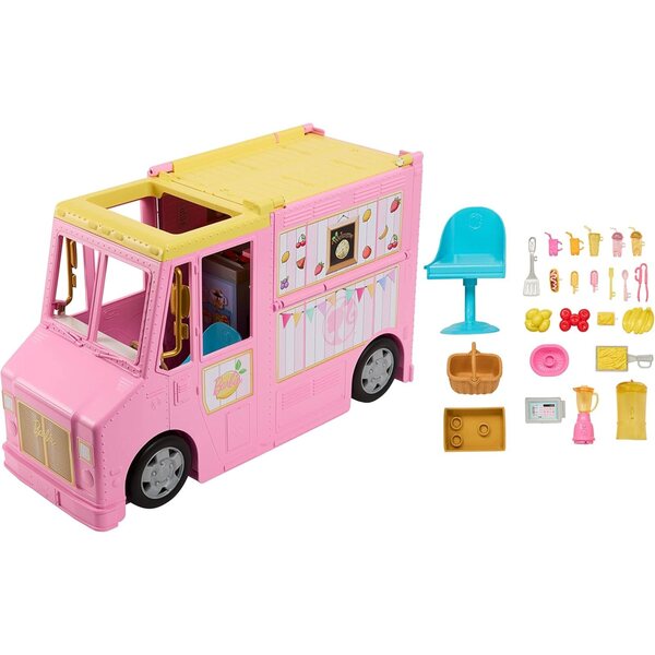 Barbie Limonadenmobil-Spiel für Kinder mit 25 Zubehörteilen und Erfrischungsbereich, ab 3 Jahren