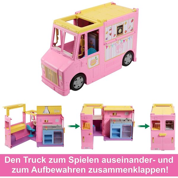 Barbie Limonadenmobil-Spiel für Kinder mit 25 Zubehörteilen und Erfrischungsbereich, ab 3 Jahren