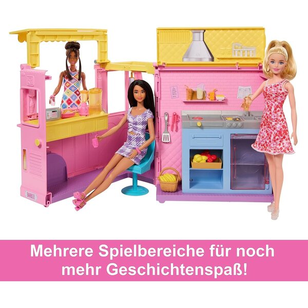 Barbie Limonadenmobil-Spiel für Kinder mit 25 Zubehörteilen und Erfrischungsbereich, ab 3 Jahren
