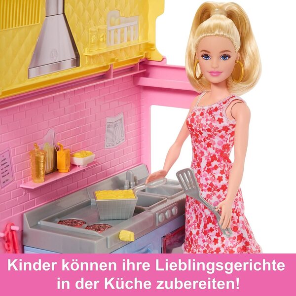 Barbie Limonadenmobil-Spiel für Kinder mit 25 Zubehörteilen und Erfrischungsbereich, ab 3 Jahren