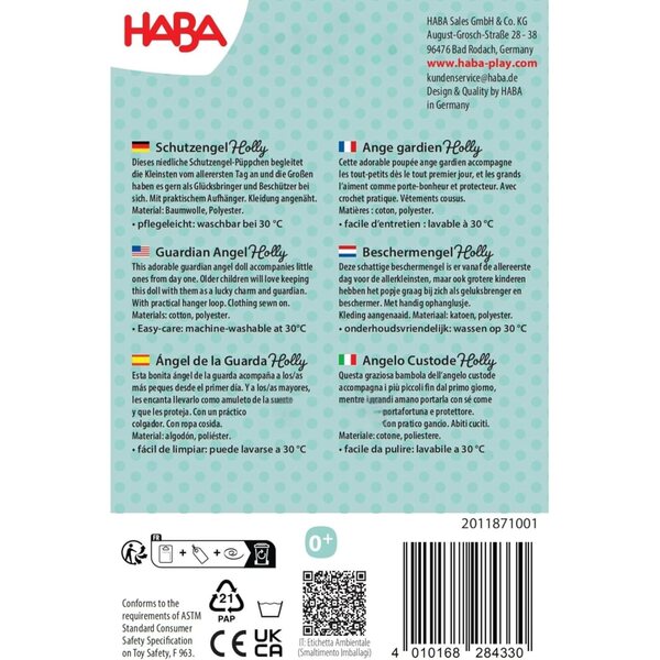 HABA Schutzengel Holly - Poupée en tissu douce 15 cm, cadeau naissance idéal bébé
