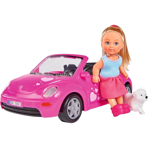 Evi Love mit 22cm rosa Cabriolet und Hund - Knöchelidepuppe für Kinder ab 3 Jahren