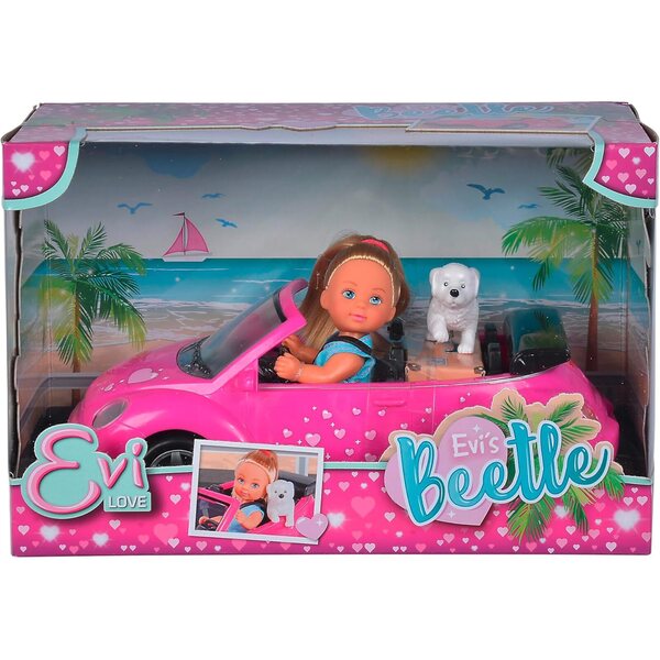Evi Love mit 22cm rosa Cabriolet und Hund - Knöchelidepuppe für Kinder ab 3 Jahren