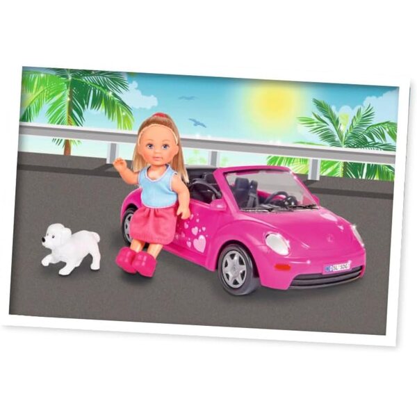 Evi Love mit 22cm rosa Cabriolet und Hund - Knöchelidepuppe für Kinder ab 3 Jahren
